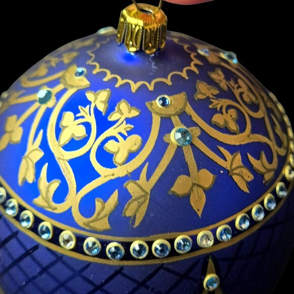 Komozja Family Blue Jeweled Glass Egg 5" Ornament Handcrafted Polish Blown Glass - Picture 7 of 10